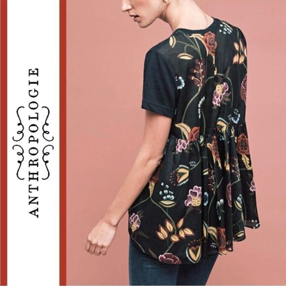 Anthropologie Deletta Silver Fern Blue Boho Floral Linen Blend Hi-Lo Style Top - Picture 1 of 13